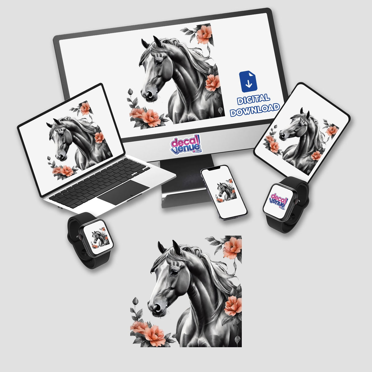 Horse Floral Accents PA11: Laptop and monitor displaying digital artwork of a horse surrounded by flowers. Available as stickers or digital artwork from Decal Venue.