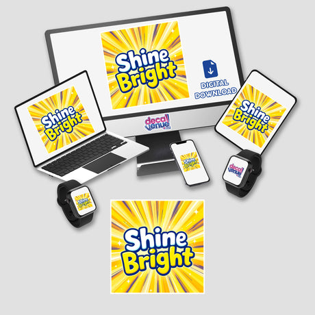 Shine Bright: A vibrant digital artwork featuring a computer monitor and laptop displaying a yellow and blue logo, available as stickers or digital downloads from Decal Venue.