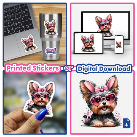 Cute Easter Yorkie Bunny sticker collage featuring a dog with pink sunglasses and a bow, displayed on various surfaces, highlighting its versatility as a vinyl decal or digital artwork.