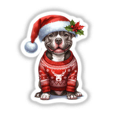 Pitbull Santa Dog in Ugly Christmas Sweater III: A dog wearing a red sweater and Santa hat, available as stickers or digital artwork from Decal Venue's unique collection.