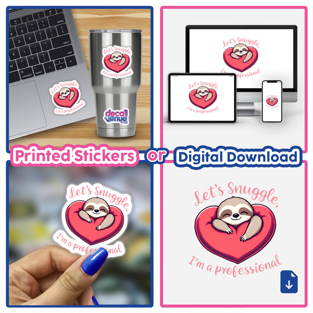 Valentine Sloth stickers and digital artwork collage, featuring sloths hugging hearts, displayed on a laptop and a phone, embodying charming cartoon designs from Decal Venue.