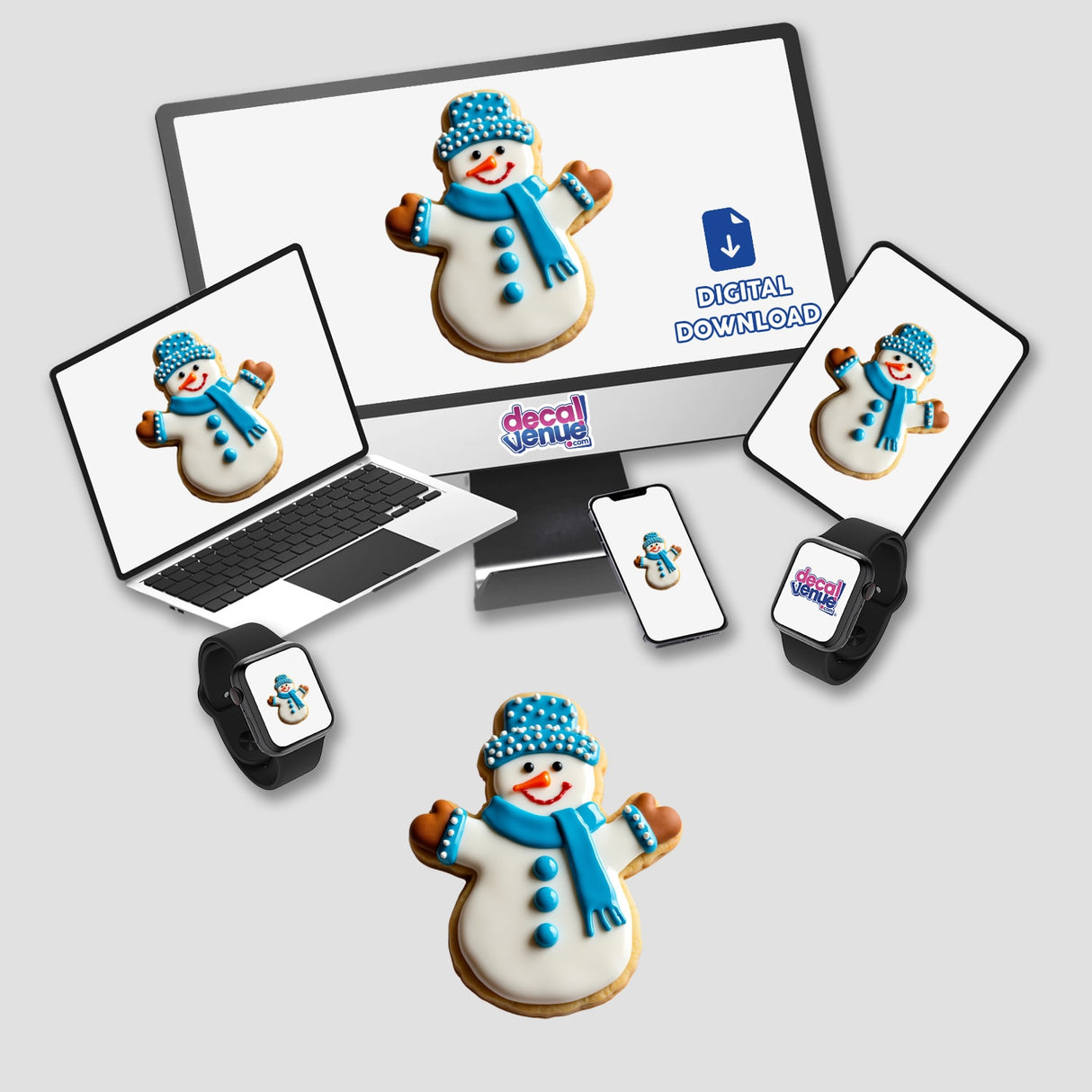 Adorable Winter Snowman Christmas Cookie Design displayed on multiple devices, including a computer monitor and laptop, perfect as stickers or digital artwork from Decal Venue.