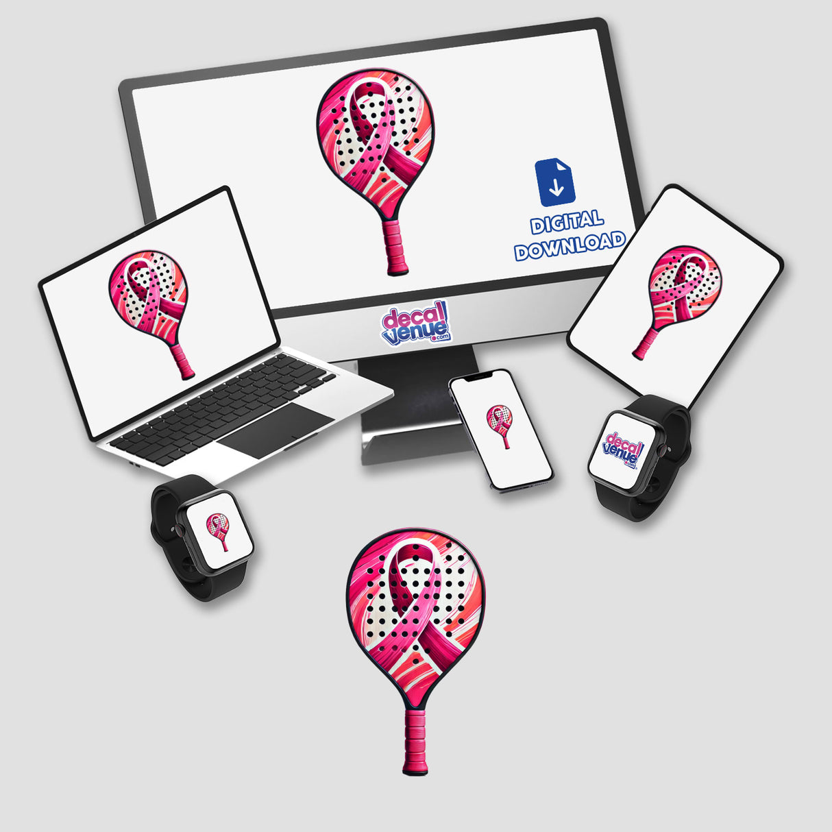 Pickleball Paddle Pink Ribbon Breast Cancer design displayed on a laptop and monitor, available as stickers or digital artwork.