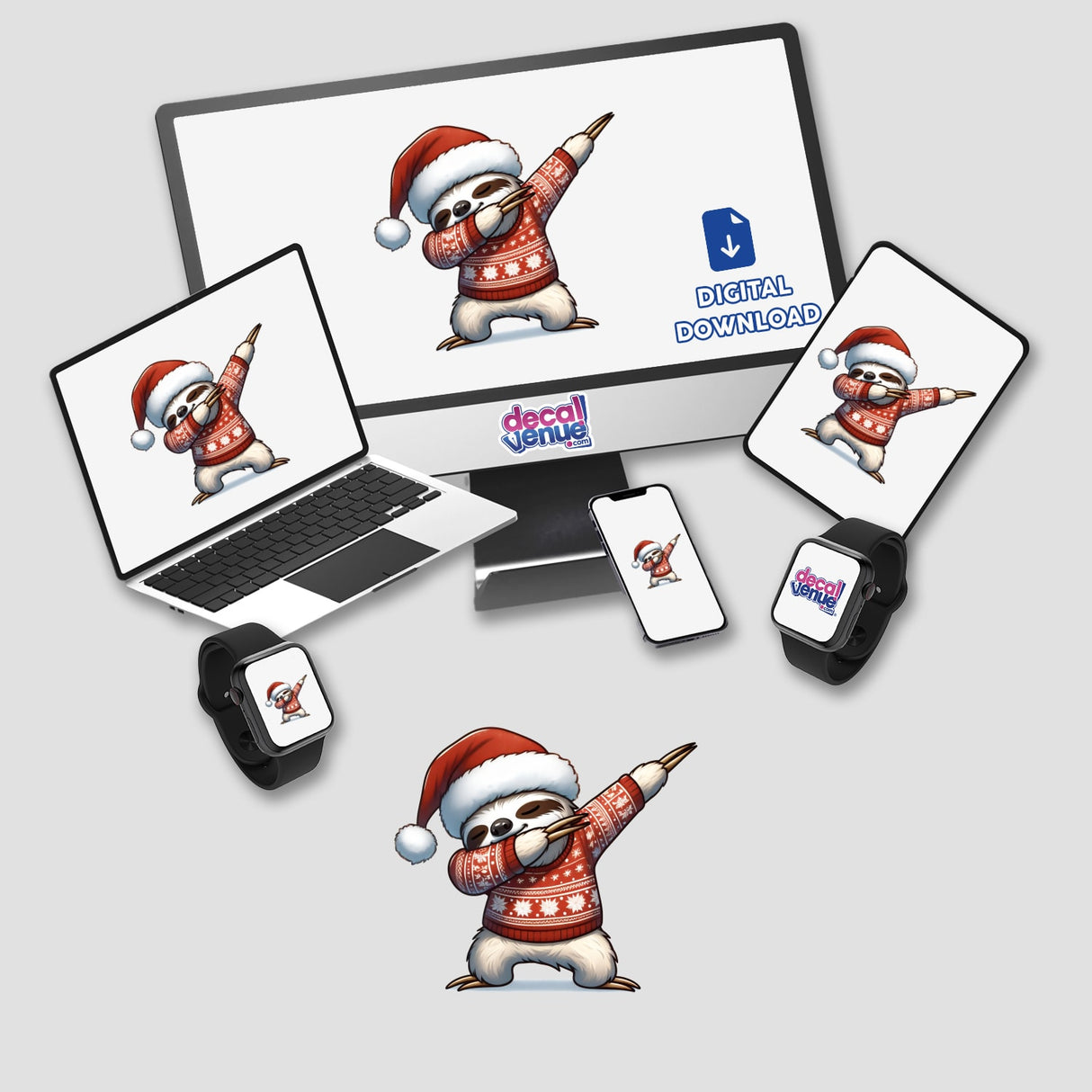 Dabbing Christmas Ugly Sweater Sloth depicted on various devices including a laptop, computer monitor, and tablet, showcasing the festive sloth character in a Santa hat and red sweater.