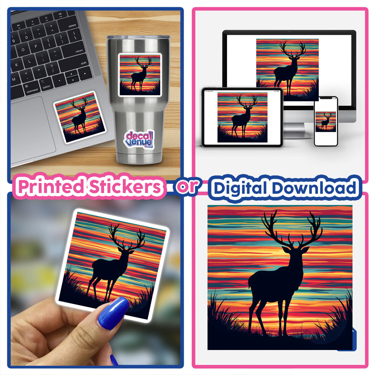 Collage featuring Reindeer Silhouette with Bold Color Stripes Christmas available as stickers or digital art, showcasing various close-ups and silhouettes of reindeer against diverse backdrops.