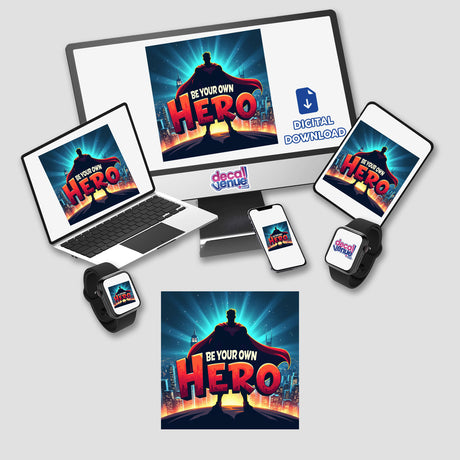 Be Your Own Hero Sticker - Motivational Clipart for Personal Growth, featuring a hero in a cape on a hill, displayed across a laptop, tablet, and smart watch, ideal for personal development.