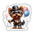 Playful Yorkshire Terrier dog in dapper attire with bow tie and top hat, holding balloons and wand, colorful cartoon illustration in product image