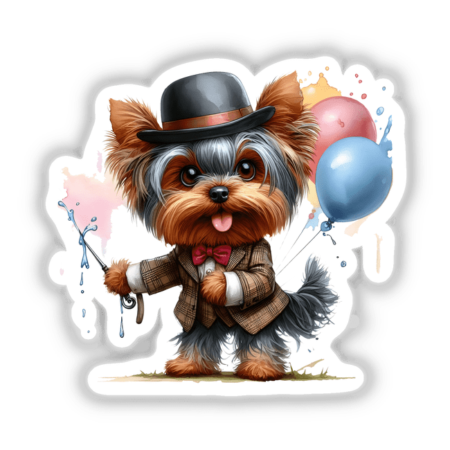 Playful Yorkshire Terrier dog in dapper attire with bow tie and top hat, holding balloons and wand, colorful cartoon illustration in product image