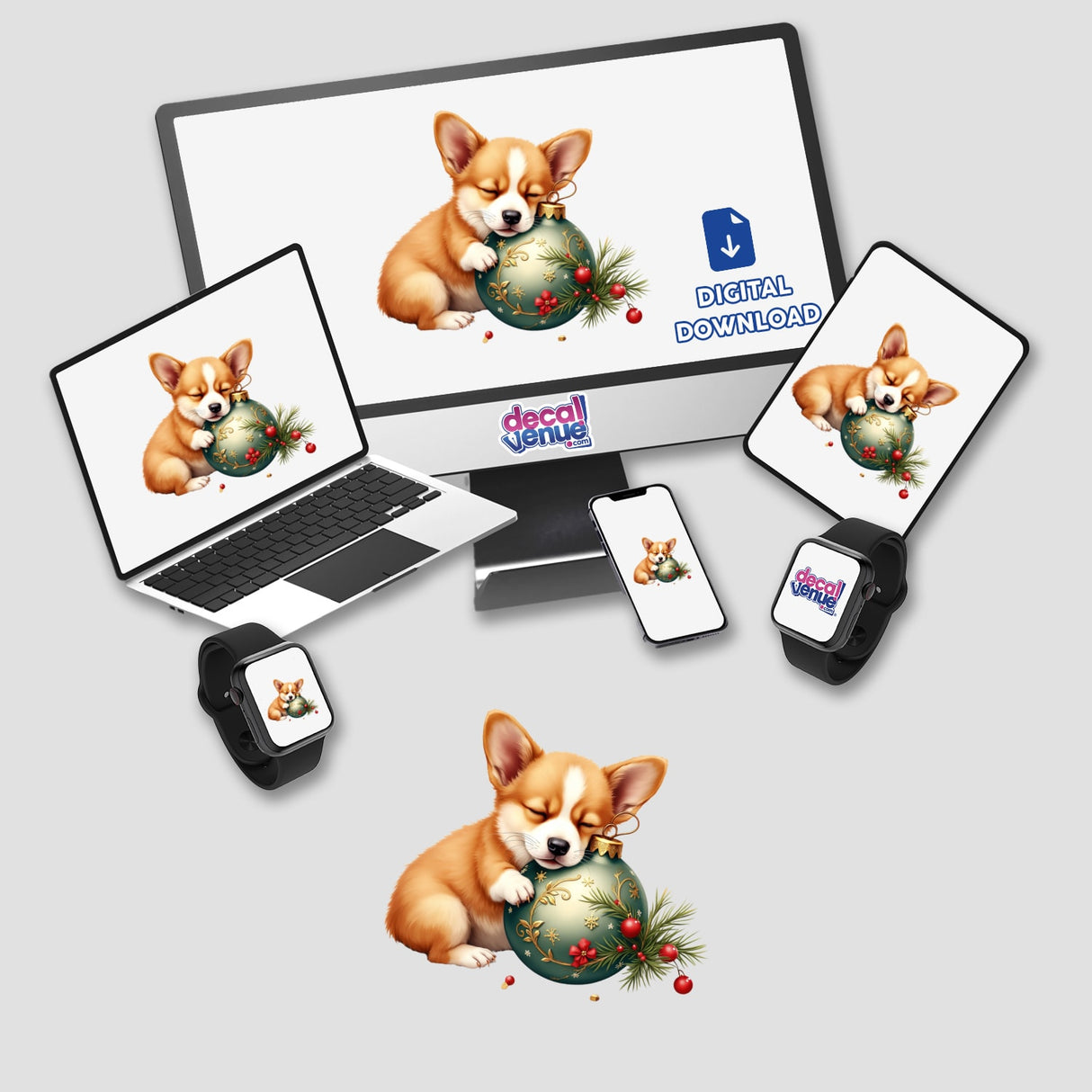 Corgi Sleeping on Christmas Ornament depicted on a computer monitor and laptop. Available as stickers or digital artwork.