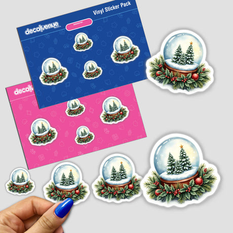 Festive Snow Globe in a Christmas Wreath sticker pack held in hand, featuring various snow globe designs with trees and stars, embodying Decal Venue's unique sticker and digital art collection.