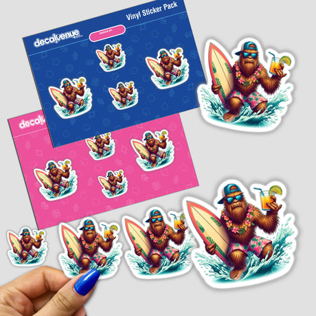 Tropical Sasquatch Surfer with Drink sticker pack featuring cartoon characters holding surfboards and drinks, available as stickers or digital artwork from Decal Venue.