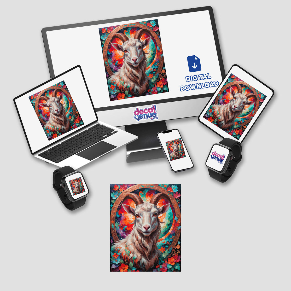 A Cute Goat With Blooming Flowers displayed on a computer monitor and laptop, showcasing its availability as stickers or digital artwork from Decal Venue.