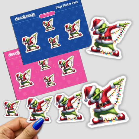 Dabbing w/Christmas Lights Green Grouch in Santa Outfit sticker, featuring a playful green cartoon character in festive attire, holding lights, perfect for holiday-themed decoration or digital artwork.