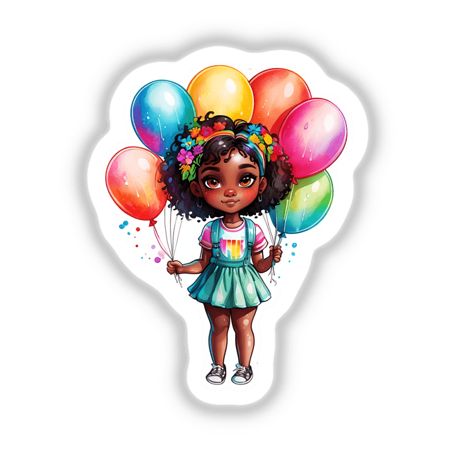 Birthday Joy: Cute Girl with Balloons Sticker featuring a cartoon girl holding colorful balloons, perfect for adding a festive touch to any surface or digital design.