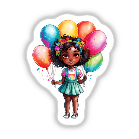 Birthday Joy: Cute Girl with Balloons Sticker featuring a cartoon girl holding colorful balloons, perfect for adding a festive touch to any surface or digital design.