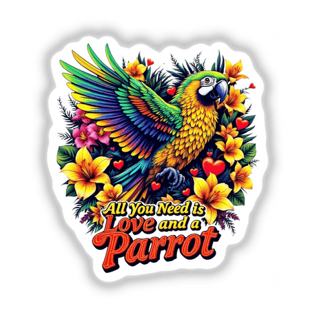 Parrot Love: Vibrant parrot adorned with flowers and hearts, available as unique vinyl stickers or digital artwork from Decal Venue.