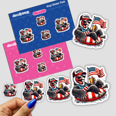 Vibrant patriotic stickers featuring a California condor in an American flag-themed design, sold as a vinyl sticker pack by Decal Venue, an online store specializing in unique stickers and digital art.