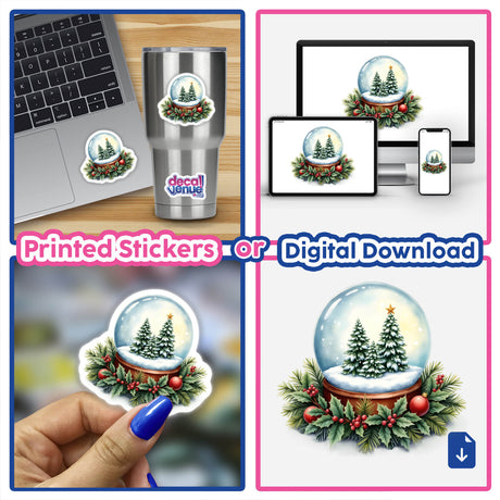 Festive Snow Globe in a Christmas Wreath sticker on a laptop, showcasing intricate details like trees and stars. Available as a sticker or digital artwork from Decal Venue.