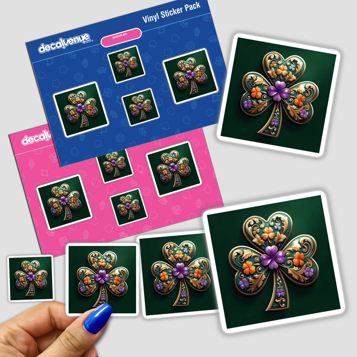 Baroque Shamrock sticker pack: ornate clovers with gold filigree and colorful flowers, held in hand. Suitable for vinyl sticker enthusiasts and digital art collectors from Decal Venue.