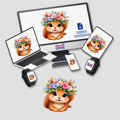 Charming Squirrel with a Flower Crown displayed on a laptop, phone, and smartwatch, emphasizing its availability as stickers or digital artwork from Decal Venue.