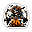 Delirious Halloween Skeleton Zombie Mama: A cartoon illustration featuring a skeleton with pumpkins and bats, available as unique stickers or digital artwork from Decal Venue.