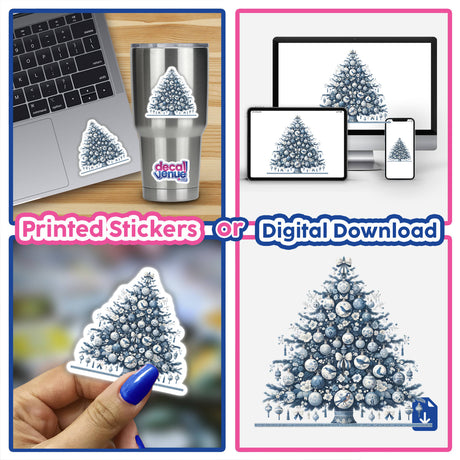 Collage featuring Chinoiserie Christmas Tree as stickers and digital artwork, highlighting a blue and white Christmas tree design, suitable for laptops, cups, and as decorative elements.