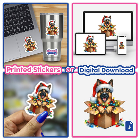 Christmas Lights Santa German Shepherd Dog in Gift Box depicted as a charming sticker or digital artwork, featuring a festive scene of a dog adorned with lights and a Santa hat.