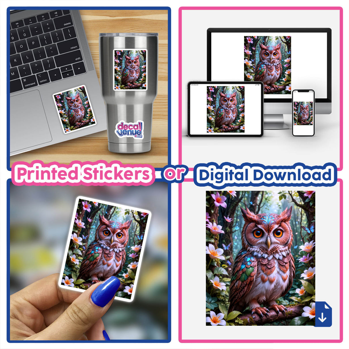 A Lovely Owl With Blooming Flowers depicted as a vibrant decal on a laptop and phone, showcasing intricate details of the owl and flowers, available as stickers or digital artwork.