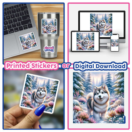 Husky in a Snow-Covered Forest Watercolor Illustration featured on a laptop with a sticker, showcasing a serene winter scene, available as unique stickers or digital artwork from Decal Venue.