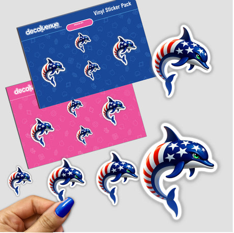 A Cool American Flag Dolphin sticker featuring cartoon dolphins adorned with red, white, and blue stars and stripes. Available as stickers or digital artwork from Decal Venue.