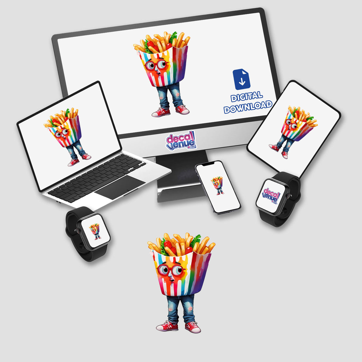 Sticker Design: Hilarious French Fry Head Character displayed on a computer monitor, laptop, phone, tablet, and smartwatch, showcasing the versatility of this unique and amusing digital artwork.