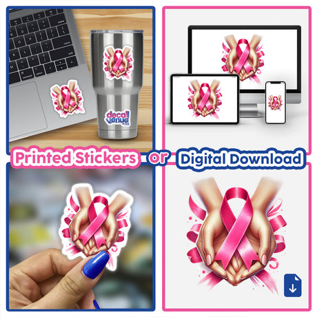 Pink Ribbon and Hands Breast Cancer Awareness collage featuring pink ribbons in hands, on a laptop, and as a sticker, emphasizing support and solidarity. Available as stickers or digital artwork.