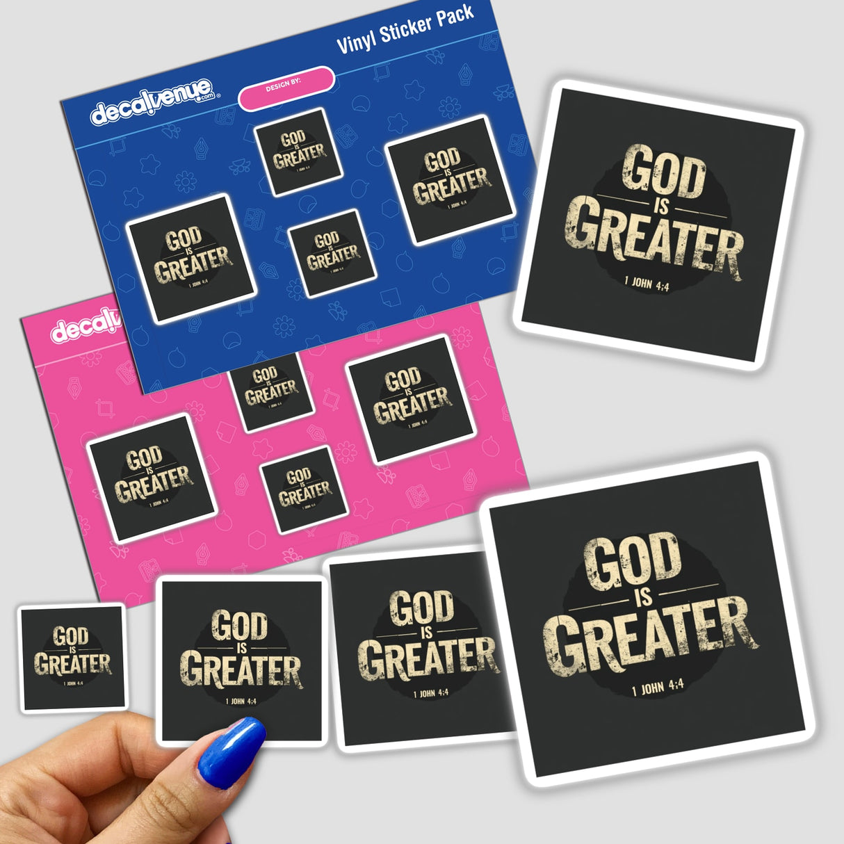 Hand holding a God Is Greater - Inspired by 1 John 4:4 sticker, featuring uplifting Christian affirmation. Available as a sticker or digital artwork for commercial use from Decal Venue.