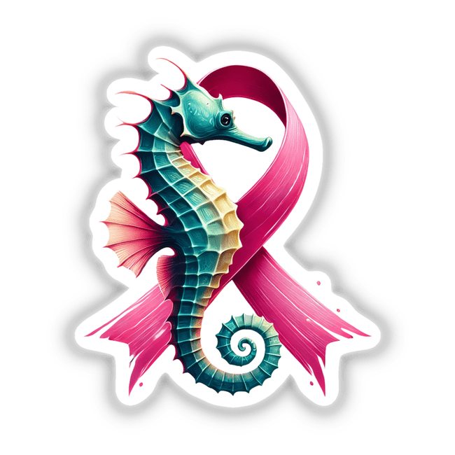 Seahorse Pink Ribbon Breast Cancer sticker or digital artwork featuring a cartoon seahorse intertwined with a pink ribbon, symbolizing breast cancer awareness.