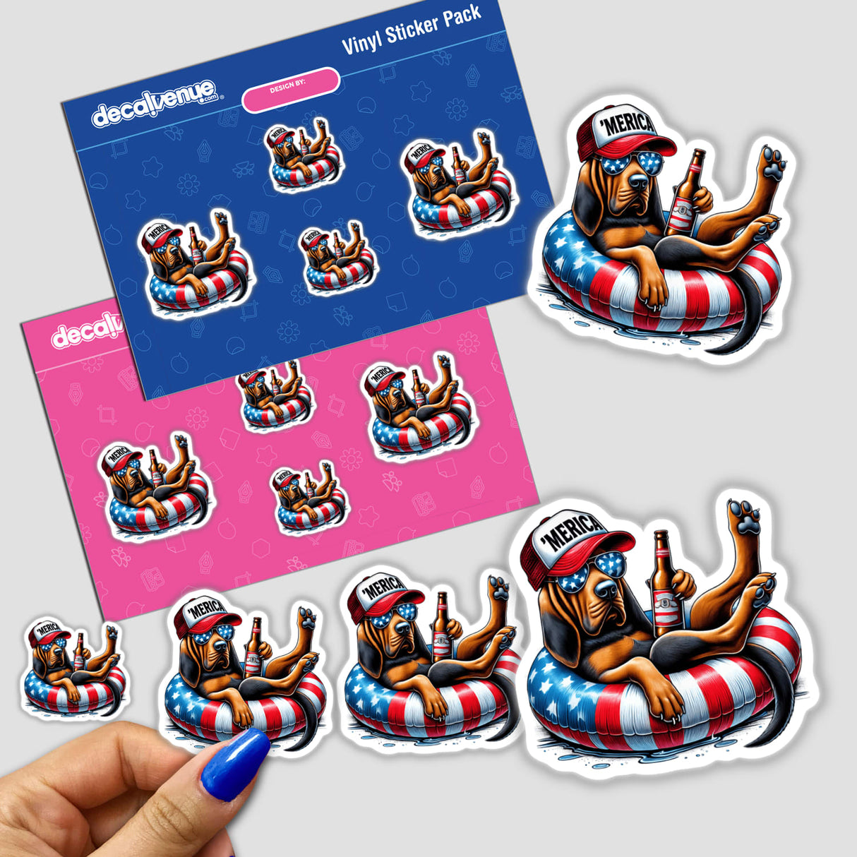 Colorful vinyl stickers of a Bloodhound dog wearing a patriotic American flag-inspired float or inner tube, conveying a sense of patriotism and "Merica" culture. The sticker pack appears to be a product offered by the Decal Venue store, which specializes in unique stickers and digital art.