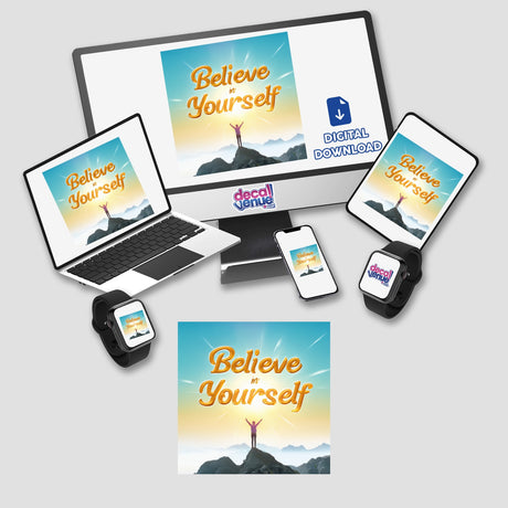 Believe in Yourself Sticker - Motivational Clipart for Personal Growth, showing a person standing on a rock with arms raised, displayed on various electronic devices.