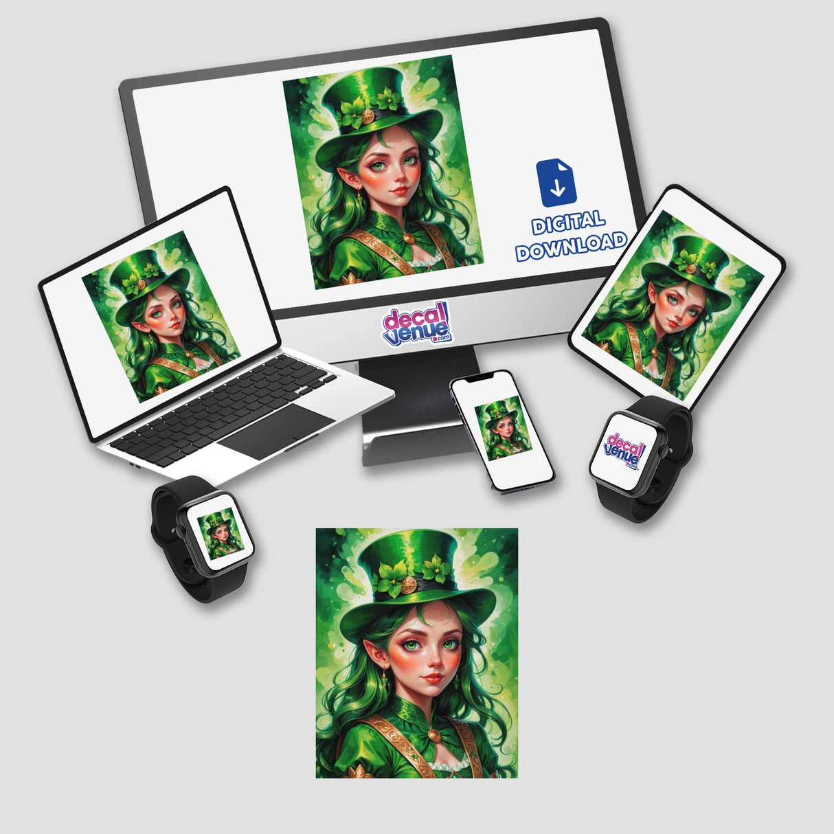 A Cute St. Patrick's Day Girl illustration displayed on various devices, showcasing a whimsical character in green attire. Available as stickers and digital art from Decal Venue.