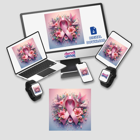 Breast Cancer Silver Series 2: Computer monitor and laptop displaying pink ribbons, symbolizing breast cancer awareness, available as stickers or digital artwork from Decal Venue.