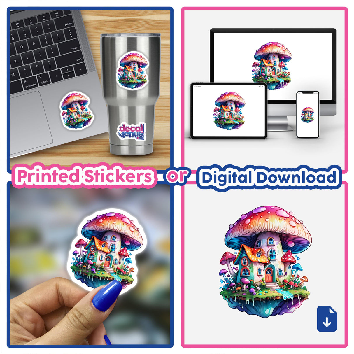 Trippy Mushroom House: Psychedelic Sticker collage featuring stickers on a laptop, silver cup, and close-ups of a mushroom house floating island, available as stickers or digital artwork.