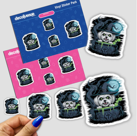 Adorable Maltese dog peeking out of spooky cauldron in digital artwork stickers, part of a vinyl sticker pack from DecalVenue store featuring unique sticker designs.