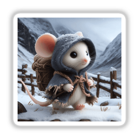 Winter Mouse toy, depicted as a cartoon character with a cape and backpack, available as stickers or digital artwork, capturing whimsical charm and outdoor winter adventure from Decal Venue.