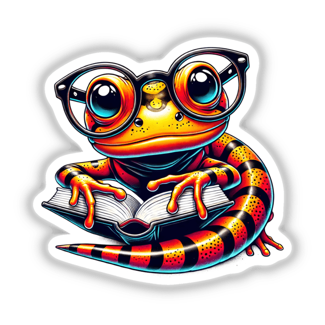 Newt With Reading Glasses Open Book: A cartoon lizard wearing glasses holds an open book. Available as unique stickers or digital artwork from Decal Venue.