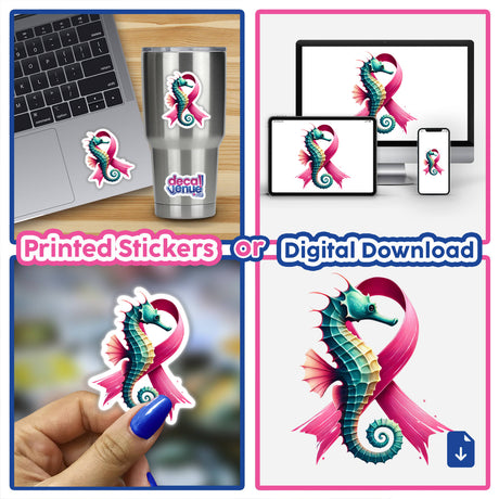 Seahorse Pink Ribbon Breast Cancer sticker displayed on a laptop, hand, and standalone for promoting awareness, available as detailed stickers or digital artwork.