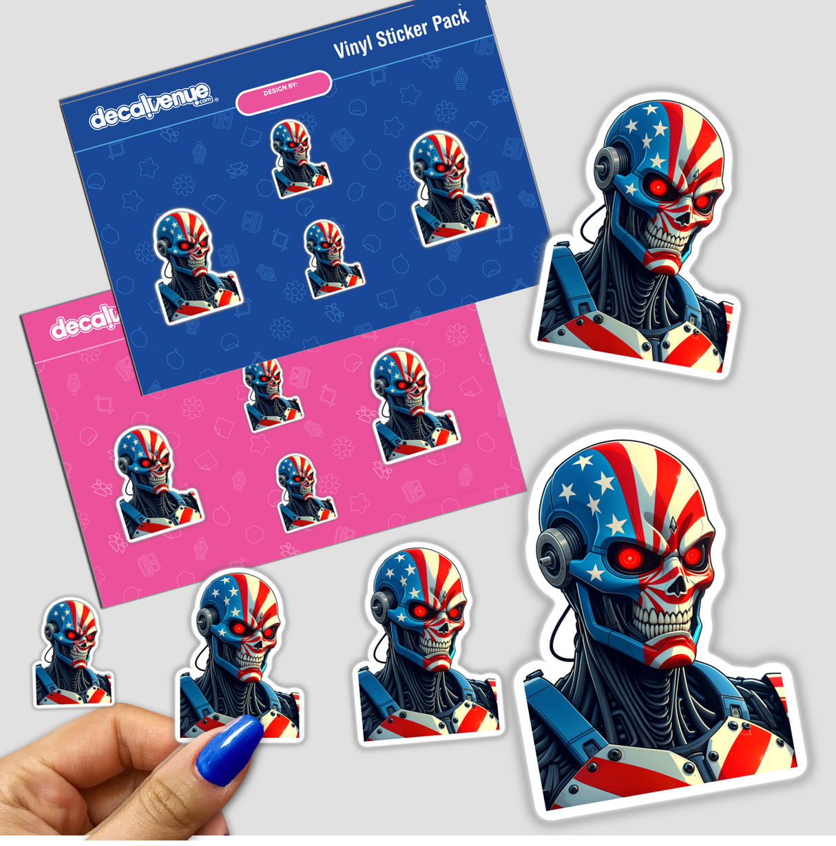 Cool American Flag Army Cyborg sticker featuring a cyborg with flag-inspired design elements, showcasing a blend of stars and stripes. Available as stickers or digital artwork. Perfect for unique decor.