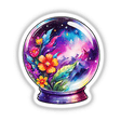 Galaxy Landscape in a Crystal Ball: Cosmic Sticker Design featuring intricate flowers and leaves, encapsulated in a vibrant, spherical artwork.