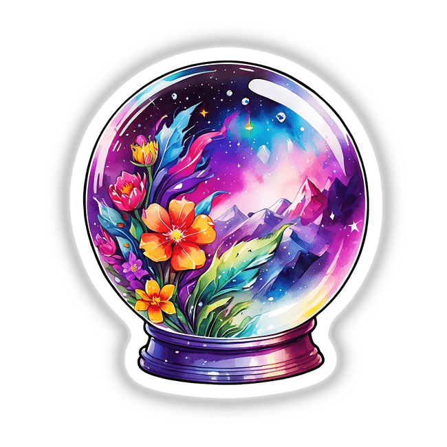 Galaxy Landscape in a Crystal Ball: Cosmic Sticker Design featuring intricate flowers and leaves, encapsulated in a vibrant, spherical artwork.