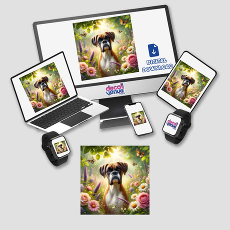 Boxer in a Lush Wildflower Meadow Watercolor Illustration displayed on a laptop and computer screen, showcasing a dog surrounded by flowers, available as stickers or digital artwork.