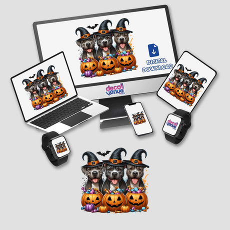 Halloween Trick or Treat Pitbull Trio Dogs digital artwork displayed on a computer monitor and laptop, featuring cartoon dogs in hats with pumpkins. Available as stickers or digital artwork.