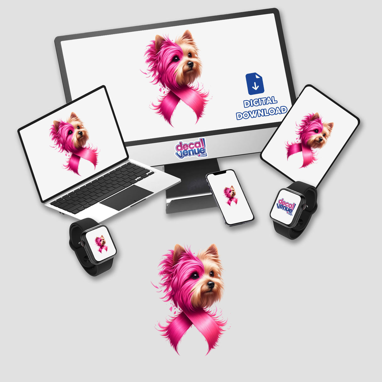 Pink Ribbon Yorkie Dog Breast Cancer digital artwork featuring a Yorkie with pink ribbon, visible on various devices including a computer monitor, laptop, and smartwatch. Available as stickers or digital art.