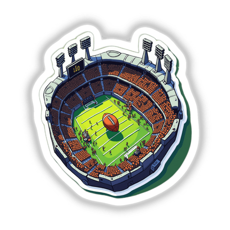 Sticker titled Futebol Americano Um featuring a cartoon football stadium, ideal for sports enthusiasts, available as a sticker or digital artwork.